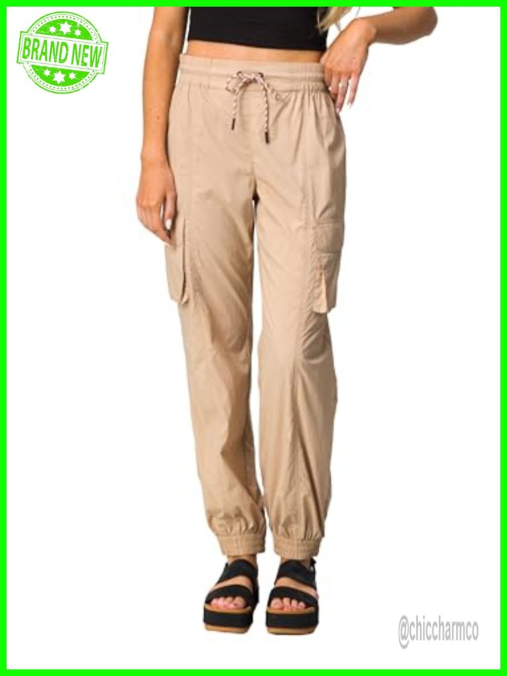 Cargo Jogger Pants Relaxed Fit Cuffed Mid Rise Pull On Woven